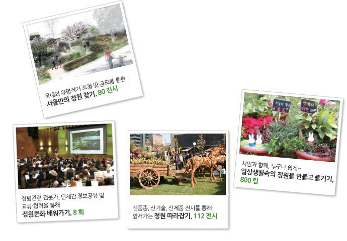 국내외 유명작가 초청 및 공모를 통한 서울만의 정원 찾기, 80 전시. 정원관련 전문가, 단체간 정보공유 및 교류·협력을 통해 정원문화 배워가기, 8 회. 신품종, 신기술, 신제품 전시를 통해 앞서가는 정원 따라잡기, 112 전시. 시민과 함께, 누구나 쉽게~ 일상생활속의 정원을 만들고 즐기기,800 팀